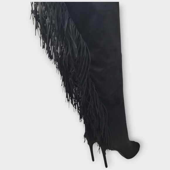 Steve Madden Lesha Suede Thigh High Open Toe Tall Heeled Fringe Boot Black Sz 9M - Picture 12 of 13